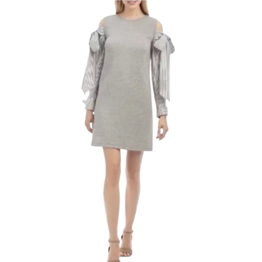 Nicole Miller Cold Shoulder Sweatshirt Dress Gray Bow Sleeve Mini Size 12